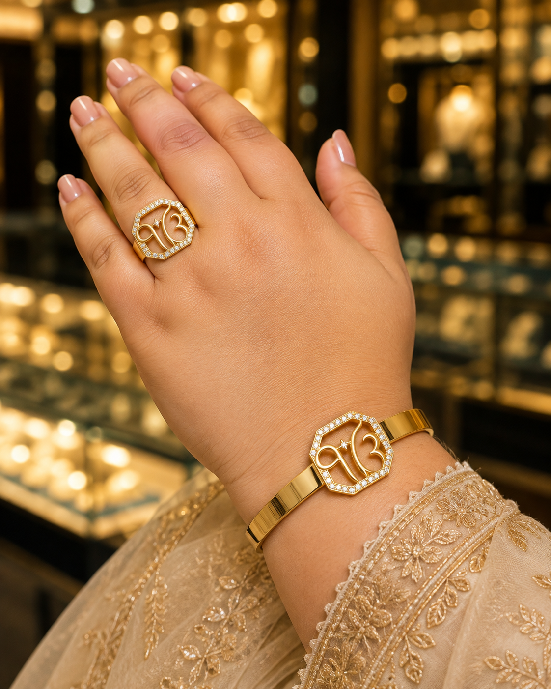 Stainless steel 18 k plated ikonkar diamond set